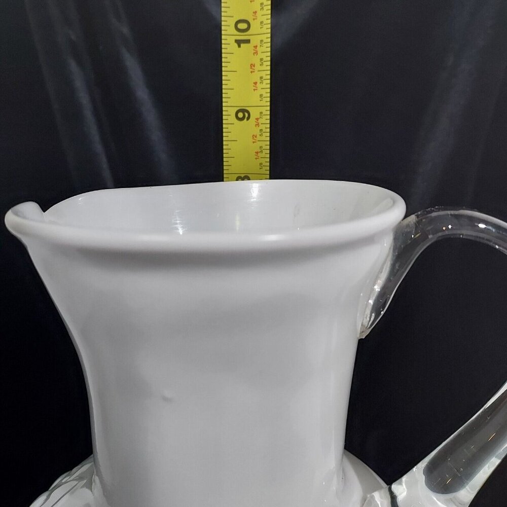 Antique Milk Glass Pitcher Applied Clear Handle Cottage Core Embossed Fruit - Picture 2 of 10